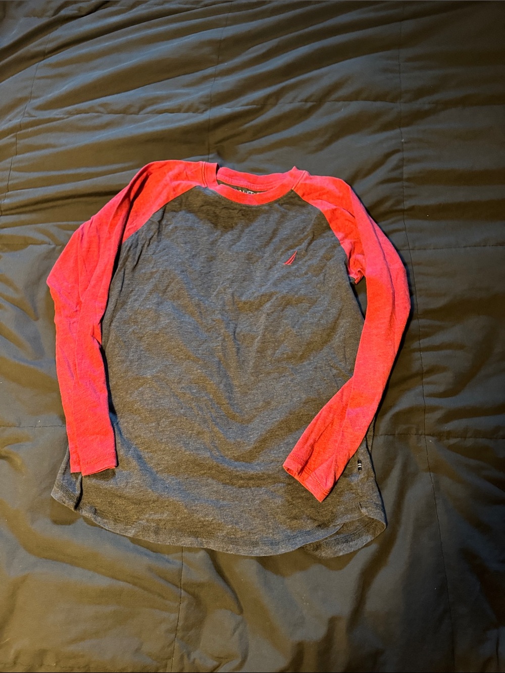 Nautica Charcoal Body Red Raglan Long Sleeve Tee